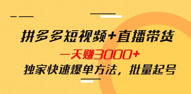 拼多多短视频 直播带货，一天赚3000 独家快速爆单方法，批量起号-启创网